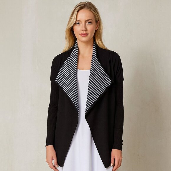 St. John Wool Striped Open Front Cardigan Sweater Long Sleeve Black Tunic Sz S/P - Picture 1 of 7